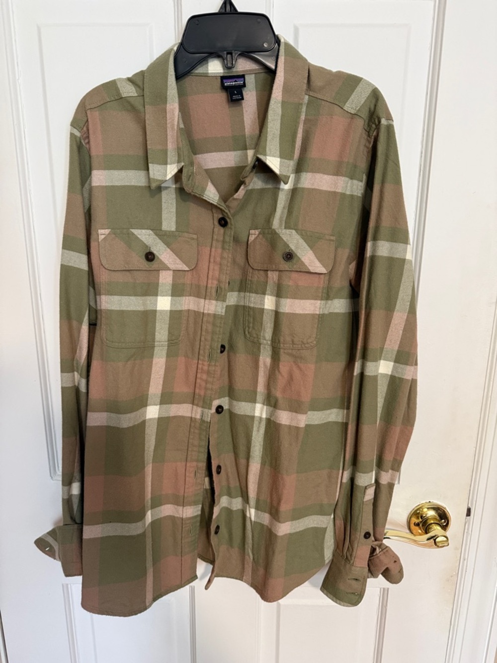 Patagonia Olive and Tan Plaid Button-Down Flannel Shirt